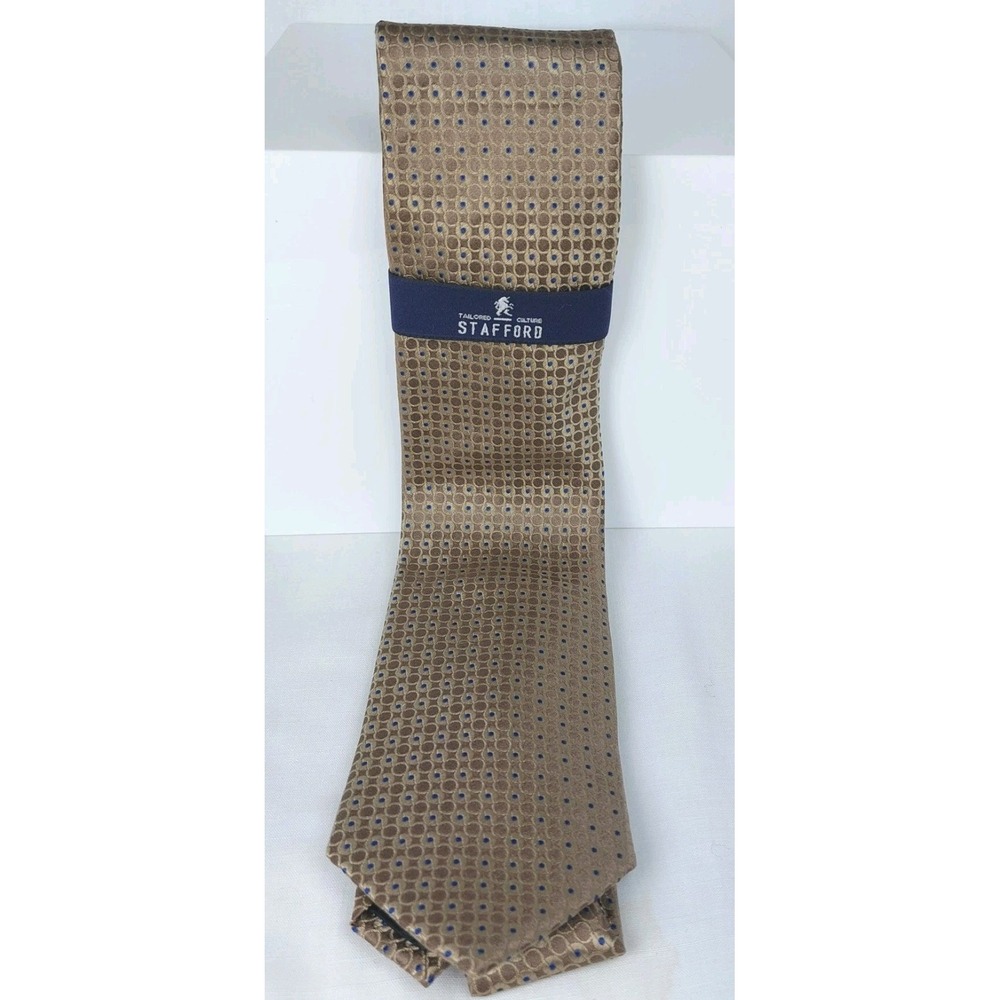 New STAFFORD Tailored Mens Necktie Taupe Blue Geometric Silk Modern 3" Wide